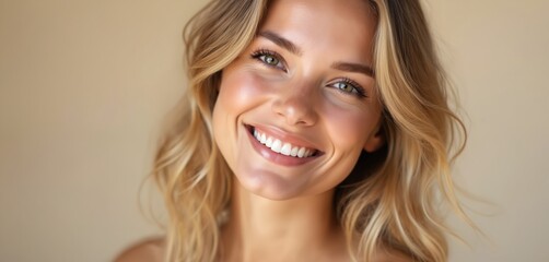Beautiful young blonde caucasian woman smiles. Portrait closeup face with perfect white teeth. Happy girl with natural makeup, healthy skin. Beauty spa salon concept. Smiling face expression.