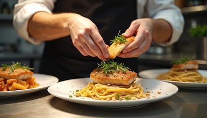 Chef garnishes plate with fried fish over spaghetti pasta. Culinary expert adds fresh herbs. Food preparation, plating in restaurant kitchen. Delicious gourmet meal, food photography, culinary arts.