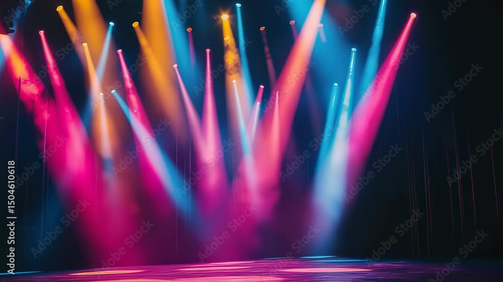 Poster abstract stage with vibrant neon lights and fog, creating a dynamic and energetic atmosphere