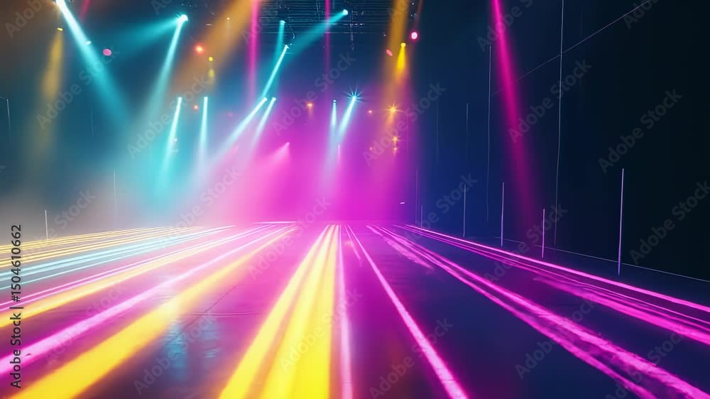 Poster abstract stage with vibrant neon lights and fog, creating a dynamic and energetic atmosphere