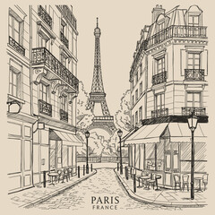 Fototapeta premium Vintage style illustration depicting a charming street view with the Eiffel Tower in Paris
