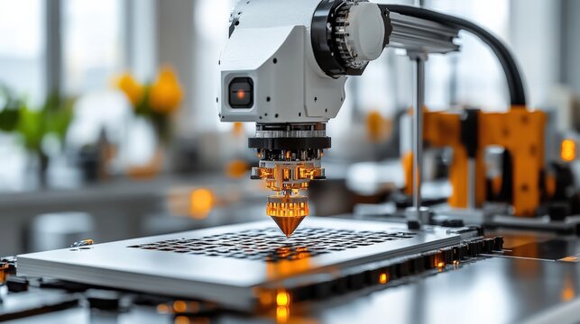 High-tech robotic arm precisely engraving a laptop keyboard in a modern workshop setting