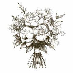 Bridal bouquet with ribbon, vintage floral ink sketch. Vector botanical wedding illustration.