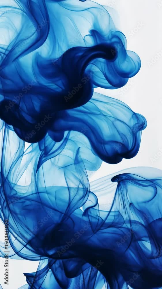 Poster ink textures flow in abstract forms, displaying cool tones of blue and white. vertical.