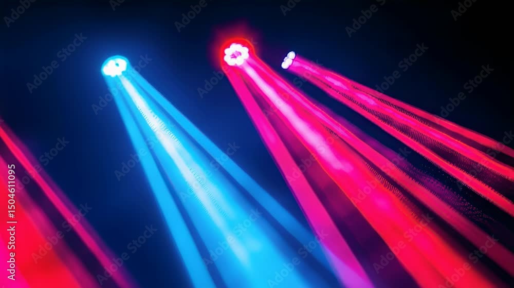 Poster abstract beams of blue and red light in a dark space, creating a vibrant and dynamic visual effect