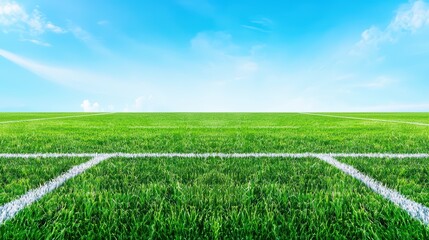 Obraz premium Lush Green Grass Field Under Bright Blue Sky with White Line Markings for Sports Activities or Outdoor Events