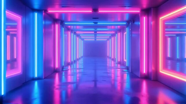Neon Elegance: A Futuristic Corridor of Light and Color
The image showcases a mesmerizing, futuristic corridor illuminated by vibrant neon lights. The scene is characterized by an otherworldly blend o