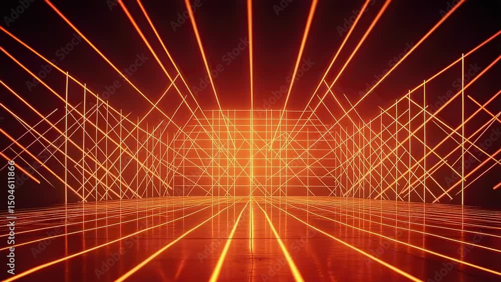 Poster abstract orange light grid background with reflective floor, futuristic design
