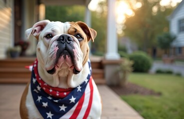 Patriotic bulldog dog celebrates 4th of July. Dog wears USA flag bandana. American flag stars stripes. Happy pet sits at porch. Independence Day, holiday, freedom in United States.