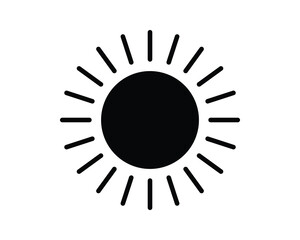Simple sun icon, radiating light. Black silhouette against white. Perfect for weather, summer, energy concepts. Vector art for designs needing brightness.