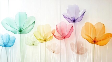 Digital illustration of a group of colorful flowers. there are six flowers in total, each with a unique shape and color.