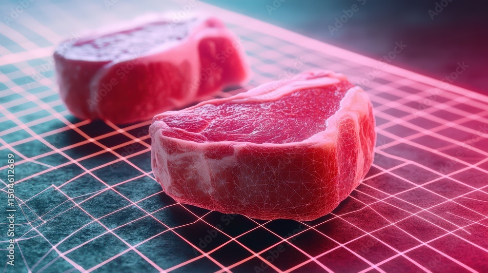 Poster fresh cuts of meat on a grid background with neon lighting and culinary elements