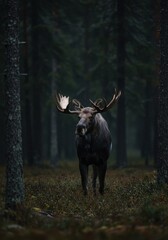 Majestic moose standing in a forest clearing, looking toward camera. Wildlife nature scene symbolizing wilderness, freedom, or forest life.