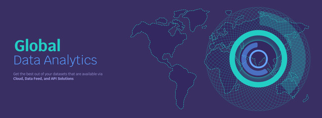 Abstract quantum big cloud global data network connection banner or header, circle fractals and world map for worldwide business and internet technology vector illustration in turquoise and purple © AnaMaria