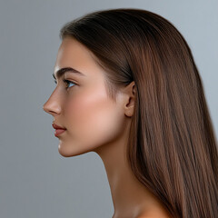 A woman with long brown hair in profile, looking to the left against a gray studio background image