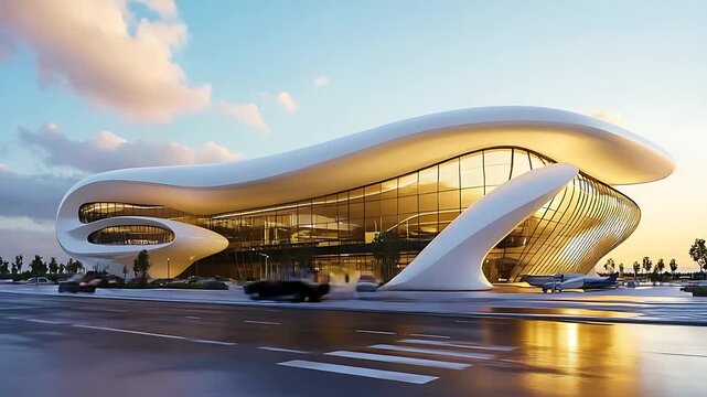 Modern architectural marvel with flowing design, located near a bustling urban street at sunset