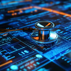 Stethoscope on glowing health data screen, symbolizing medical technology. 