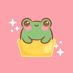 cute and funny kawaii frog in a yellow ice cream cup, surrounded by sparkling stars. Its cheerful expression and bright colors create a delightful and whimsical illustration perfect for joyful designs