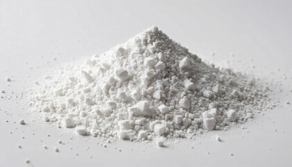 Close-up of a pile of small white powder particles on a smooth white background.