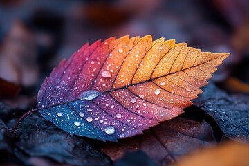 Colorful water droplet covered leaf nature scene close-up photography vibrant environment macro view beauty of nature