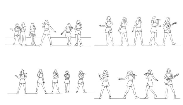 Group of girls performing on stage in line drawing with a single line without background  