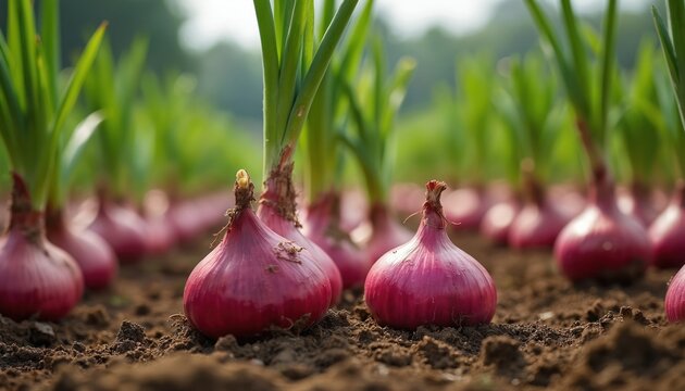 Close-up of red onions growing in soil. Harvest of ripe vegetables. Onions with green leaves in garden. Agriculture farm, vegetable food, organic product at countryside, healthy eating, fresh produce.