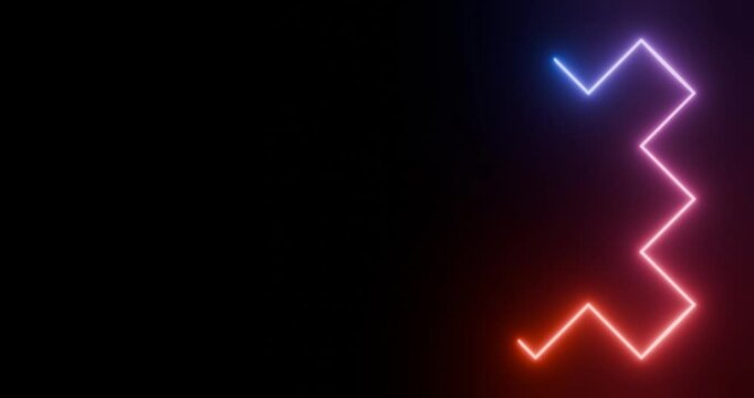 Abstract colorful neon light follows a zigzag path. Animation loop.