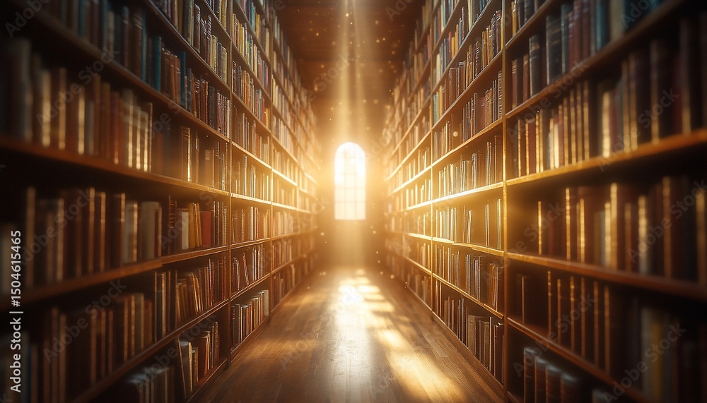 Poster enchanting library corridor with sunlight streaming through a distant window