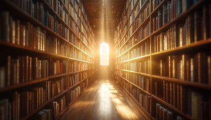 Enchanting Library Corridor with Sunlight Streaming Through a Distant Window