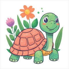 Obraz premium Cute cartoon green sea turtle vector illustration with a happy smile