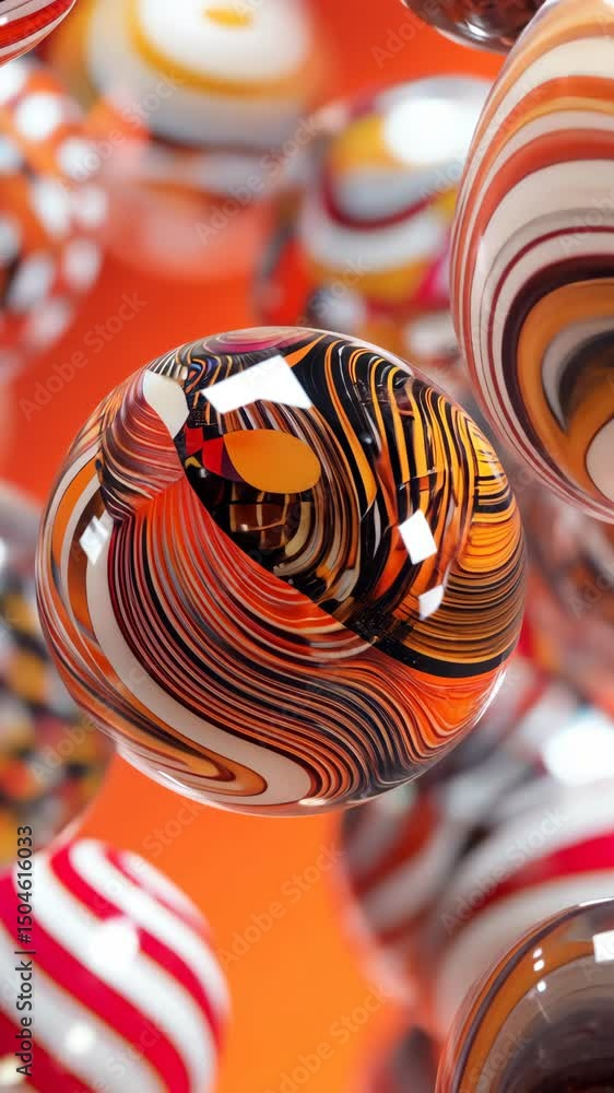 Poster abstract spheres rotate, their surfaces reflecting a spectrum of light. vertical.