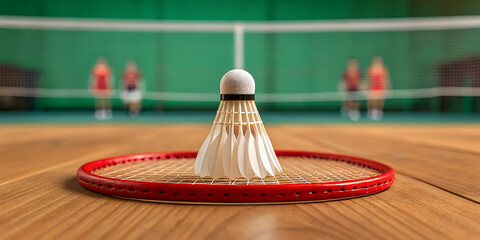 Badminton racket and shuttlecock on court for sports and recreation