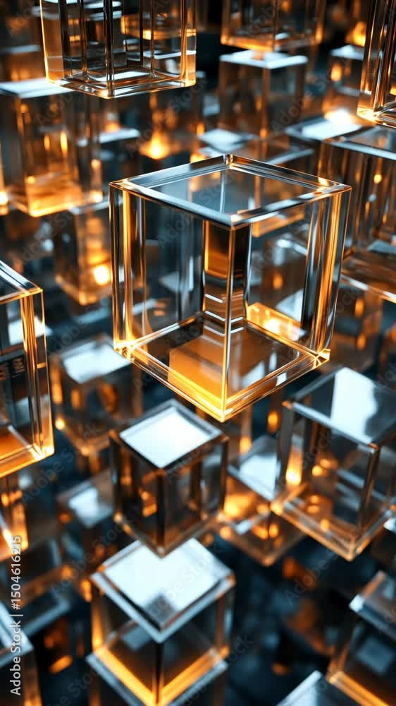 Poster mirrored cubes rotate in three dimensions, reflecting shifting beams of light. vertical.
