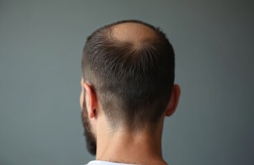 Obraz premium Rear view of man with balding head short haircut. Back of head with thinning hair. Concept about hair loss, male pattern baldness, alopecia, hair care, medical condition.