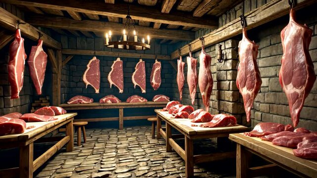 Rustic meat room with hanging beef cuts, wooden beams, and tables filled with fresh red meat under chandelier light