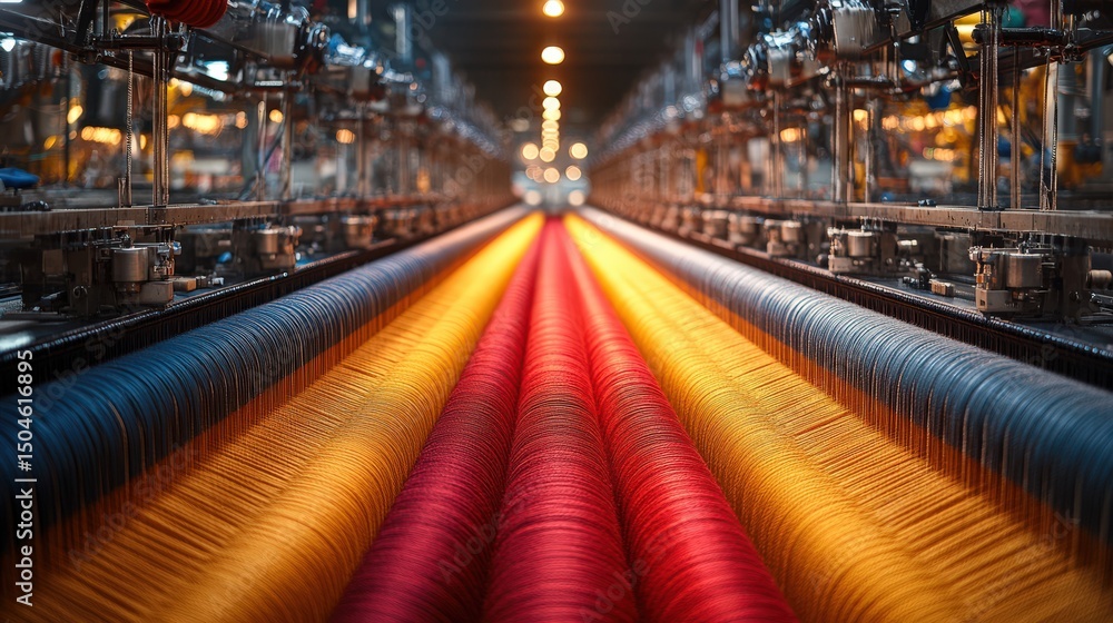 Poster vibrant threads in a textile production environment featuring a colorful array of yarn
