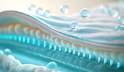 3D illustration of water molecules penetrating skin layers, representing dermocosmetic hydration and deep moisture delivery through advanced beauty technology.