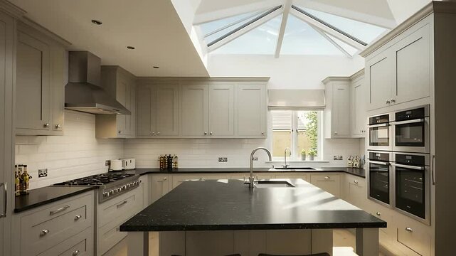 Modern kitchen with skylight, featuring sleek cabinetry and appliances, bathed in natural light