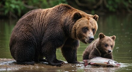 Fototapeta premium A Grizzly Bear and Her Curious Cub Stand by a River’s Edge in a Dense Forest, Showcasing the Bond Between Mother and Child in the Midst of Nature’s Raw and Untamed Beauty