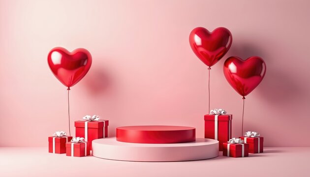 Valentine day illustration. Pink podium with red heart-shaped balloons, gift boxes. Love background. Romantic scene for product display, presentation, holiday celebration. Anniversary, engagement, - Powered by Adobe