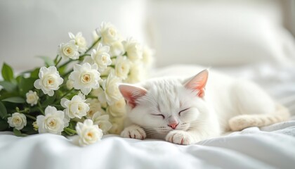 White cat sleeps beside bouquet white flowers on soft white bed. Calm, peaceful indoor scene with domestic pet. Floral decor, home interior, pet relax in cozy comfort.
