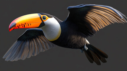 A vibrant toucan soaring through the air with its wings spread wide against a neutral background