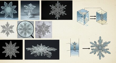 Snowflakes in various forms with detailed patterns and illustrations  