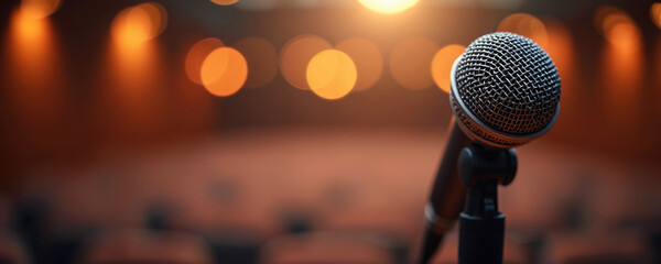 Obraz premium Close-up microphone in auditorium with blurred bokeh lights background. Illustration suits presentation conference public speaking themes. Perfect for podcast, music, recording session live