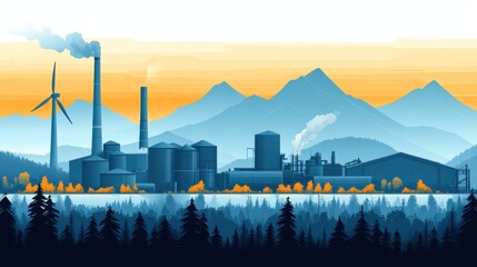 Industrial landscape featuring factories and wind turbines against a mountain backdrop at sunset