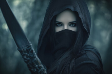 Female elf ranger in dark clothes at dusk in a forest