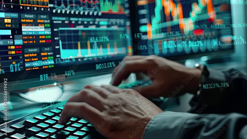 Poster stock analysis and trading in a modern workspace with multiple screens displaying financial data and