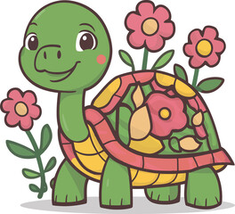 Naklejka premium Playful turtles amidst vibrant flowers for a charming and serene image