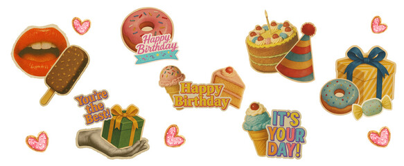 set of vintage, retro style. Food, drink, holiday, birthday elements.