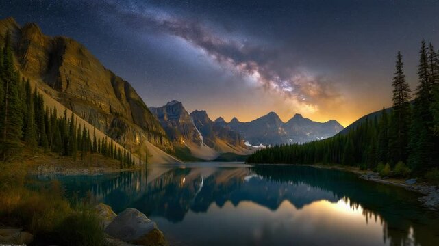 A captivating night view of stars reflected in a tranquil lake - Powered by Adobe